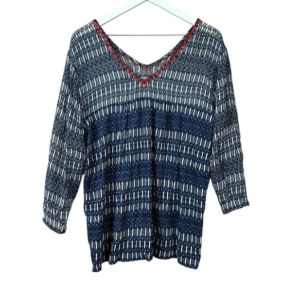 Lucky Brand Double V Neck Navy Print Linen Blend Top Women Sz XL - Picture 1 of 5